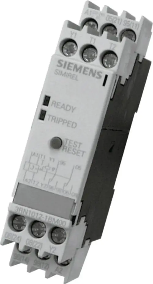 Kaltleiterauslösegerät von Siemens mit zwei Schaltern für Statusanzeigen. Es enthält eine Test- und Reset-Taste und ist für den Schrankeinbau konzipiert.